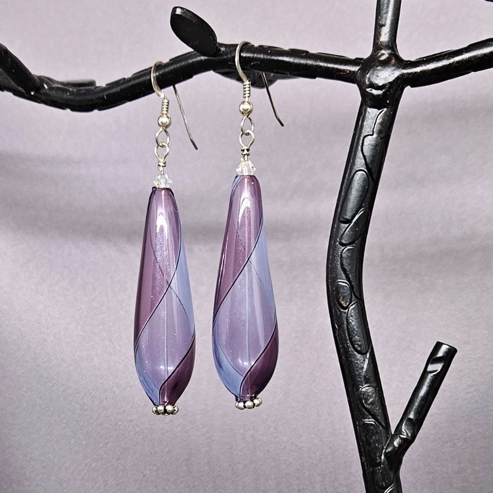 NWOT Earrings Italian Handblown Hollow Glass Beads of Purple & Blue Handmade 3"
